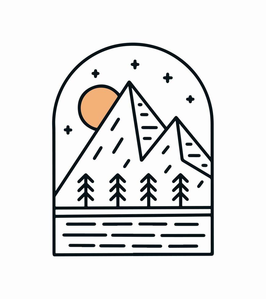 simple monoline mountain nature vector illustration for badge, sticker, t shirt design and outdoor design