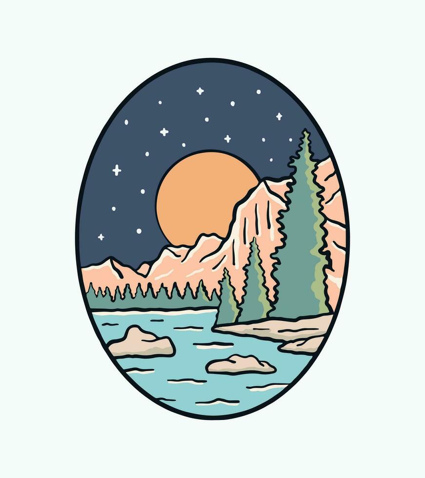 Maligne lake Canadian Rockies on night vintage vector illustration for badge, sticker, t shirt design and outdoor design