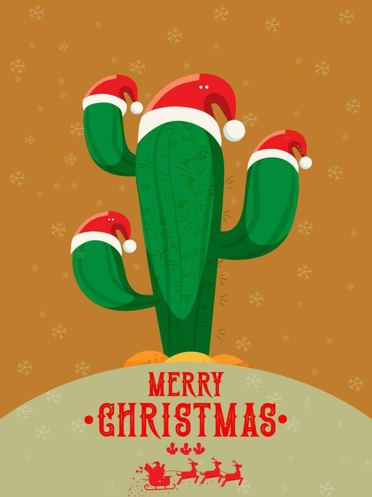 Christmas card from southern, cactus wearing santa claus hate with snowfalls on light brown background vector