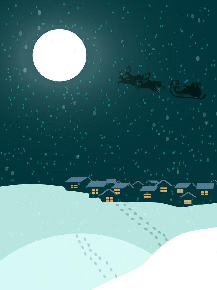 Winter moonlight with silhouette santa claus and his sleigh flying over people's houses under the pouring snow. Christmas and new year card. vector