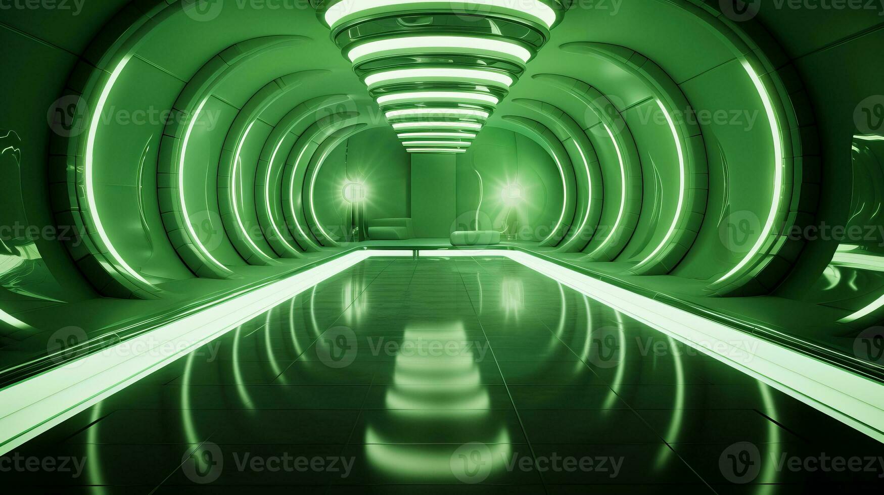 AI generated Empty green futuristic tunnel. Technology Design. photo
