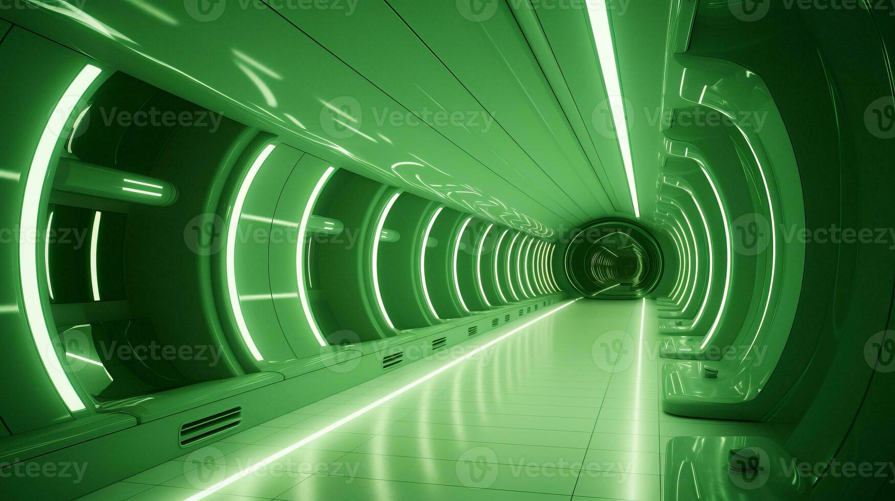 AI generated Empty green futuristic tunnel. Technology Design. photo