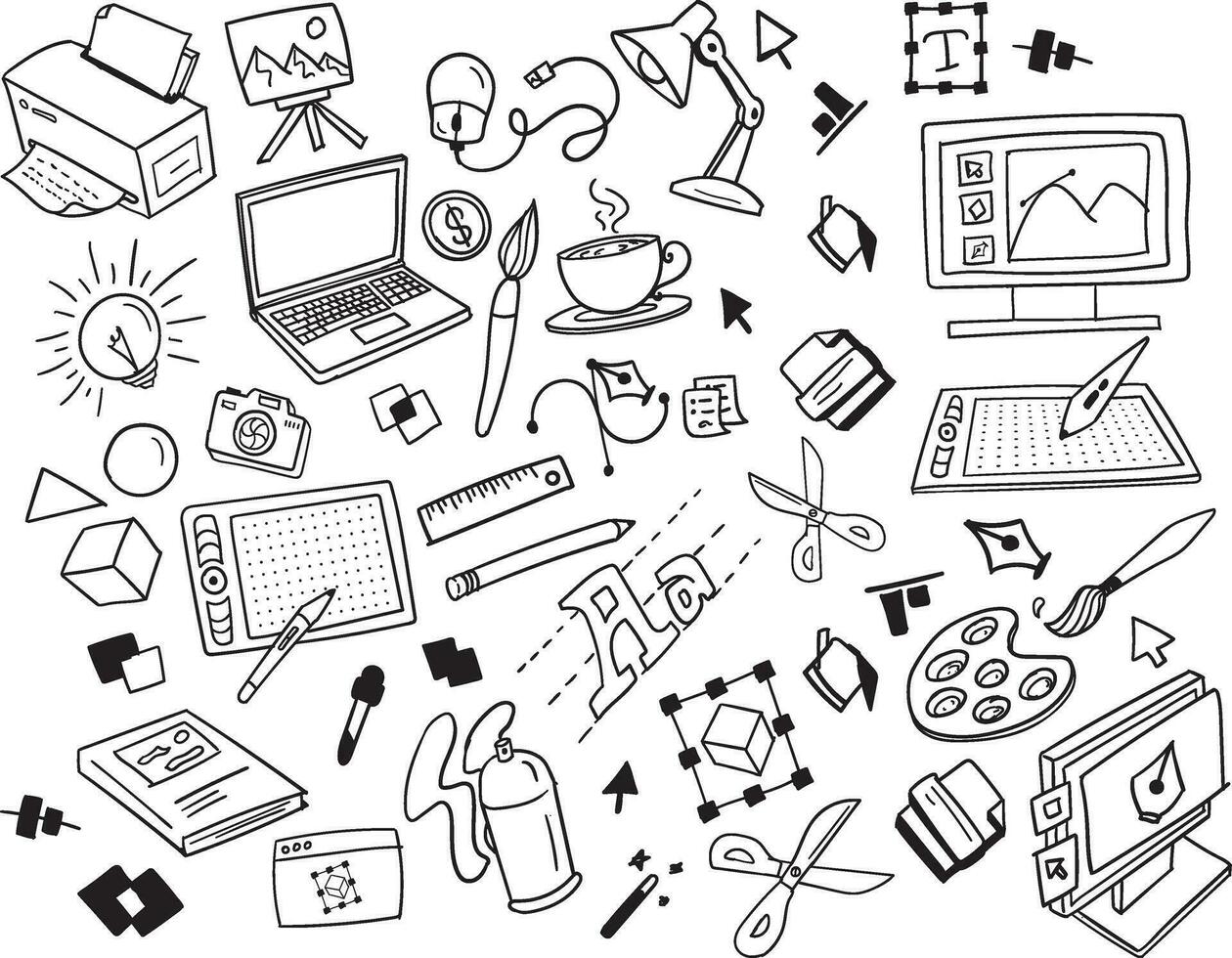 Set of hand drawn graphic designer doodle objects icons vector