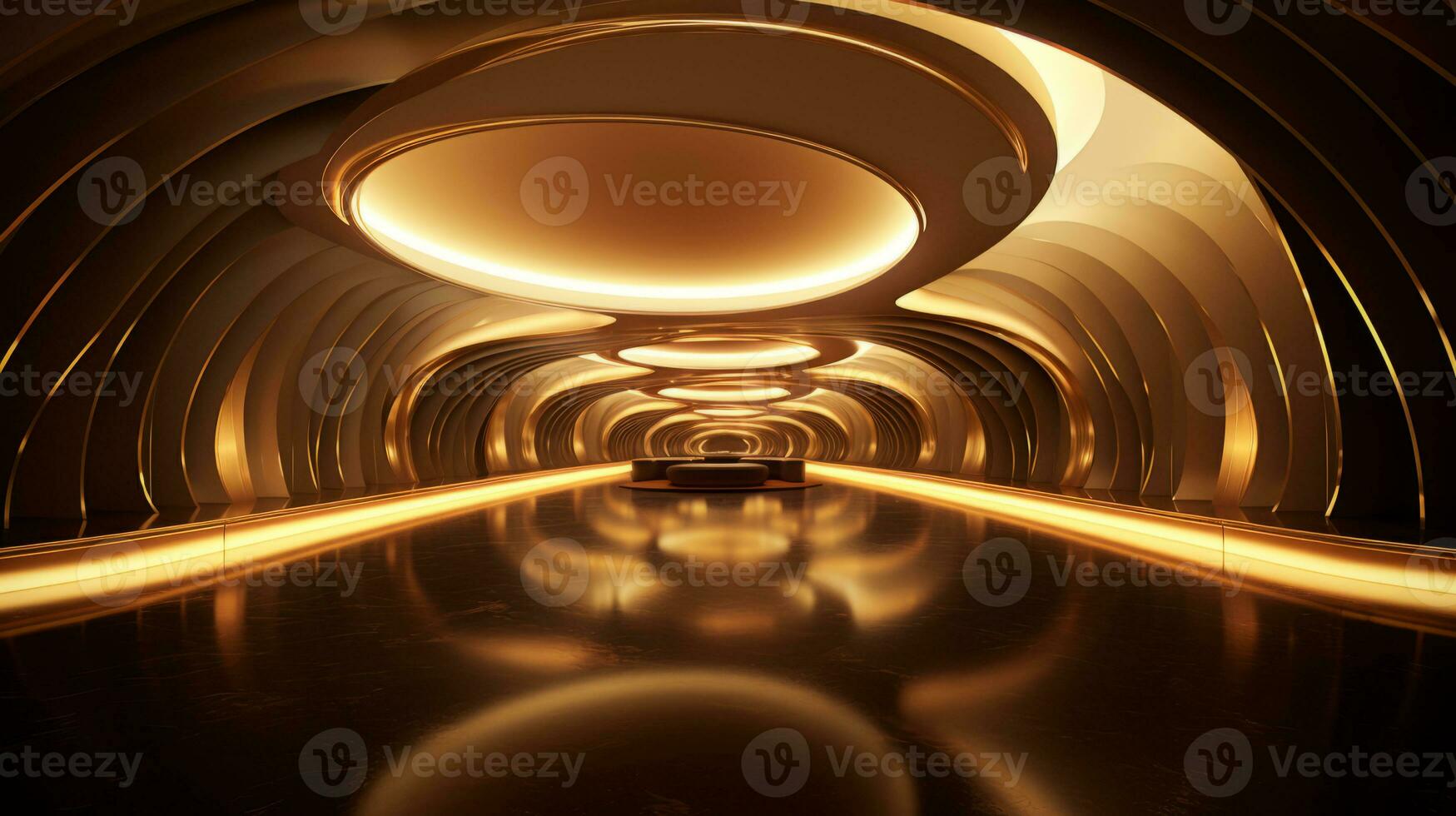 AI generated Empty gold futuristic tunnel. Technology Design. photo
