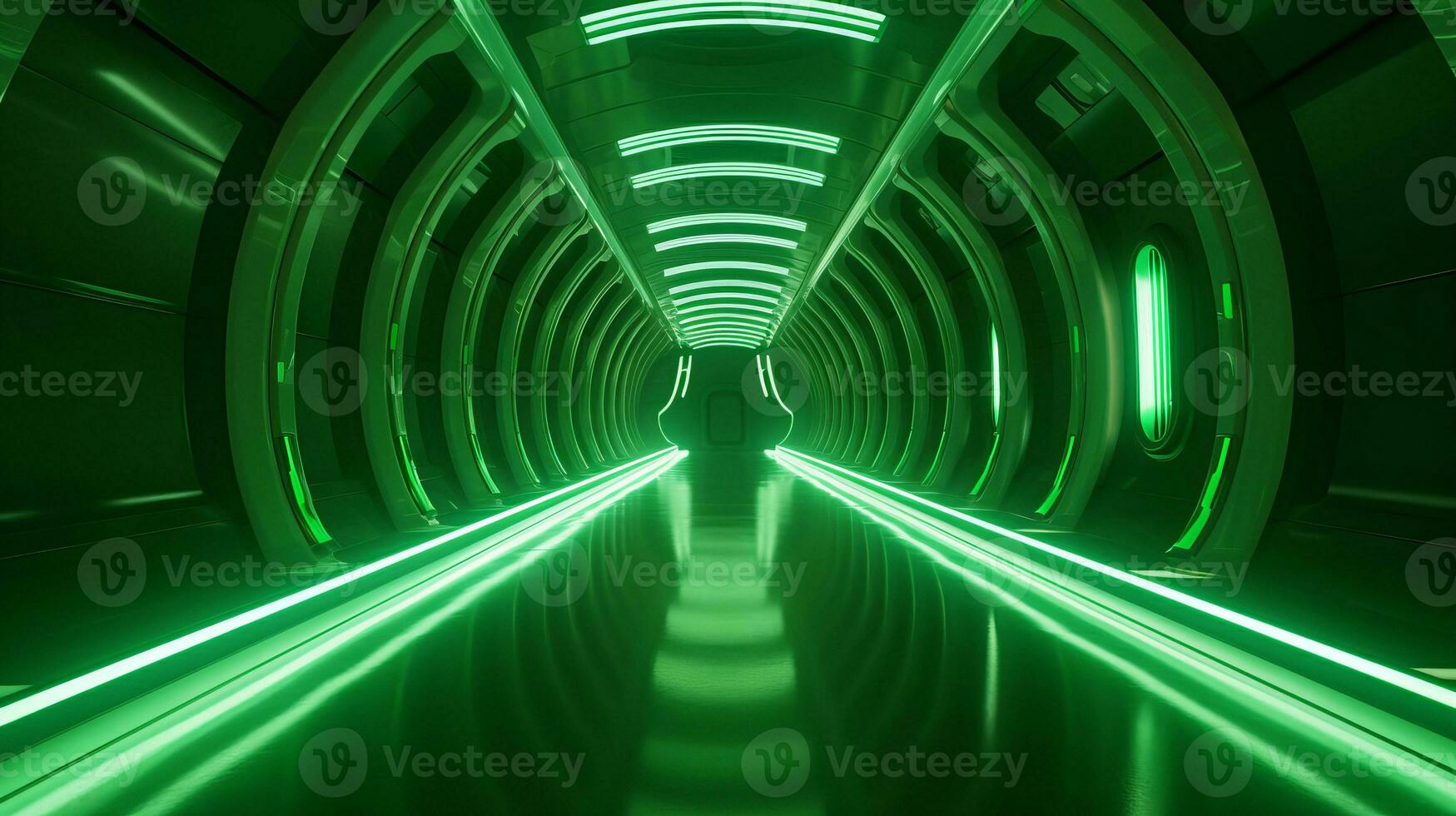 AI generated Empty green futuristic tunnel. Technology Design. photo