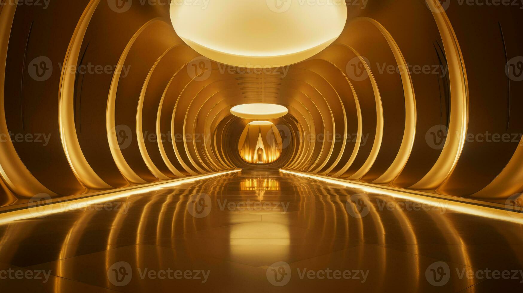 AI generated Empty gold futuristic tunnel. Technology Design. photo