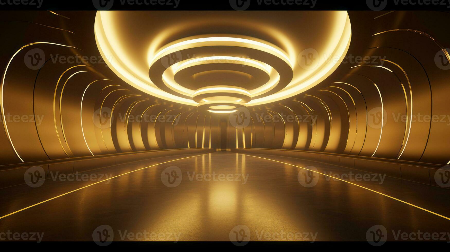 AI generated Empty gold futuristic tunnel. Technology Design. photo