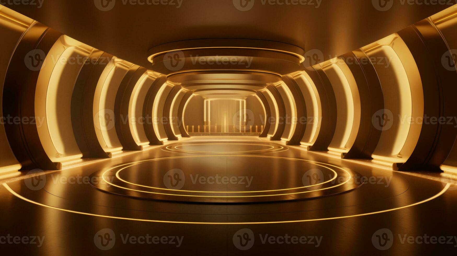AI generated Empty gold futuristic tunnel. Technology Design. photo