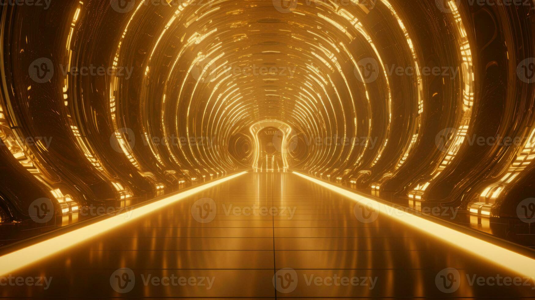 AI generated Empty gold futuristic tunnel. Technology Design. photo