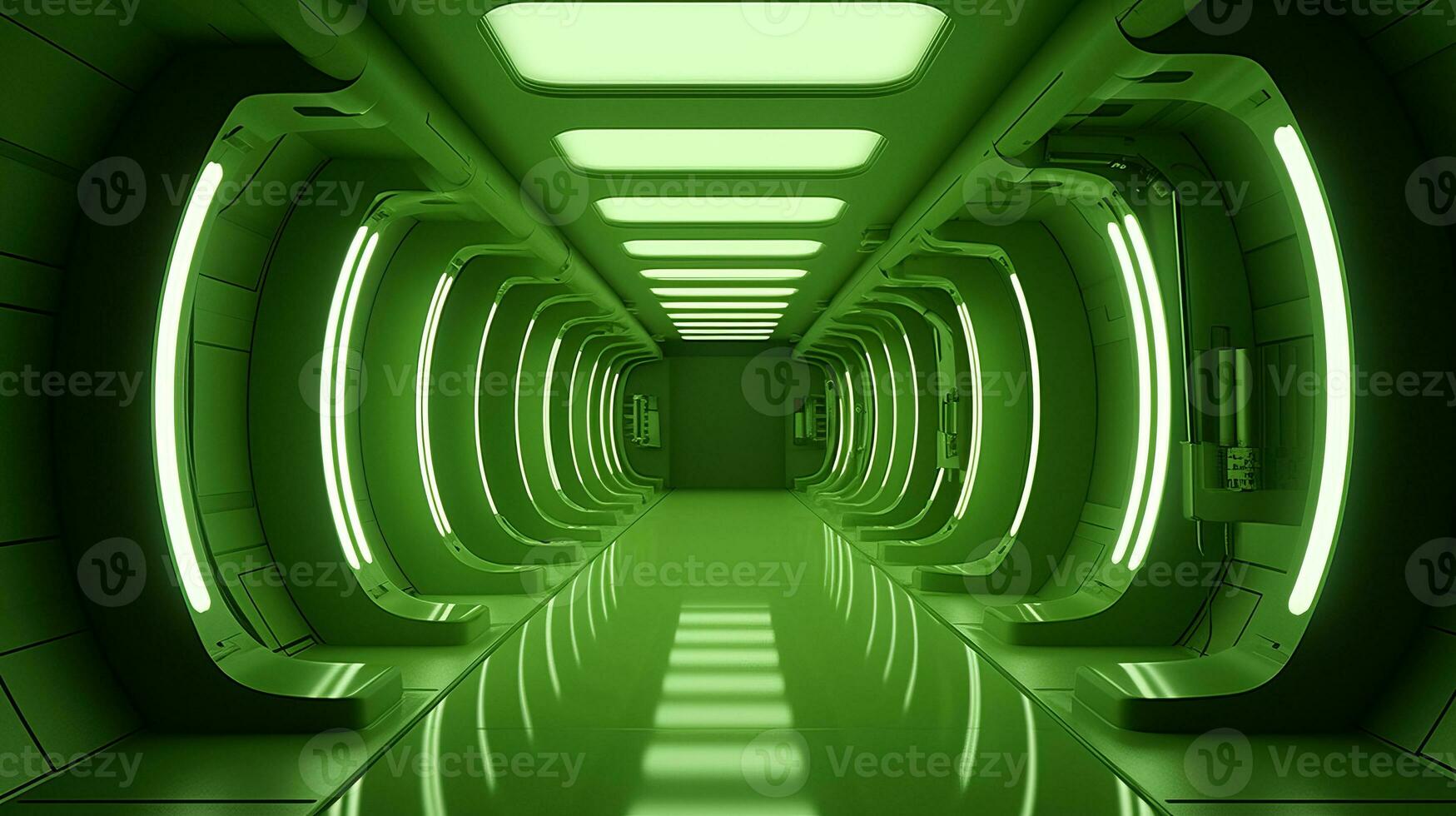 AI generated Empty green futuristic tunnel. Technology Design. photo