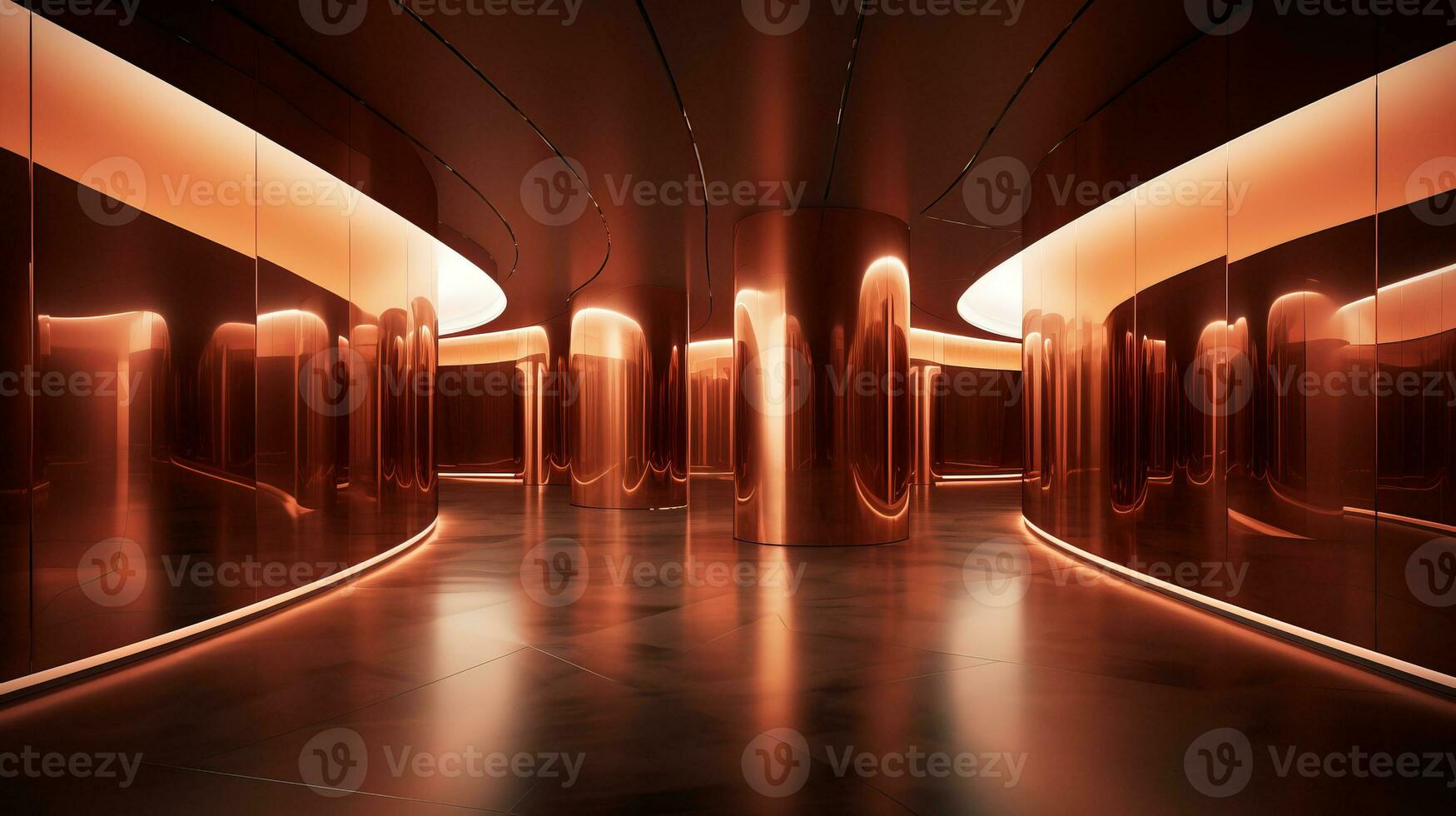 AI generated Empty gold futuristic tunnel. Technology Design. photo