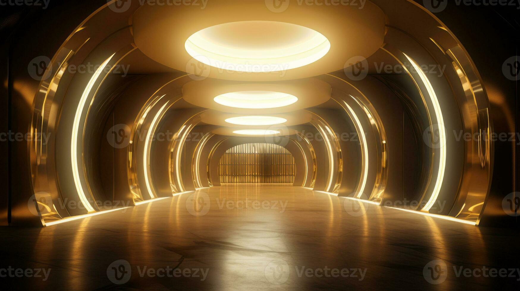 AI generated Empty gold futuristic tunnel. Technology Design. photo