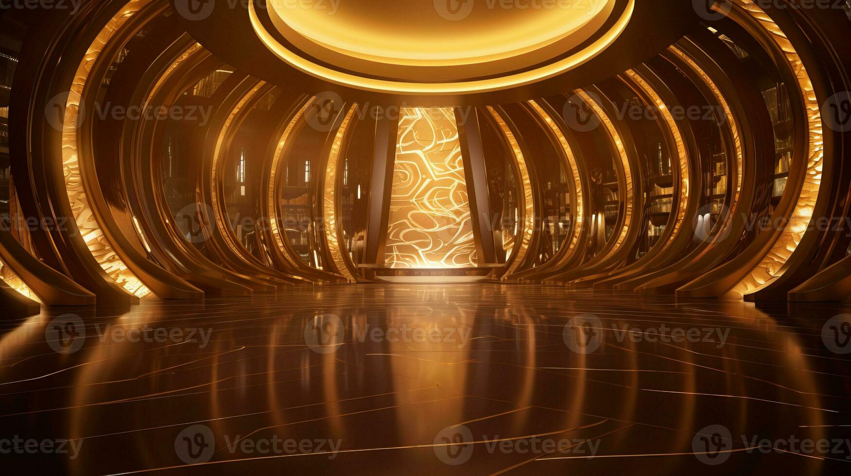 AI generated Empty gold futuristic tunnel. Technology Design. photo