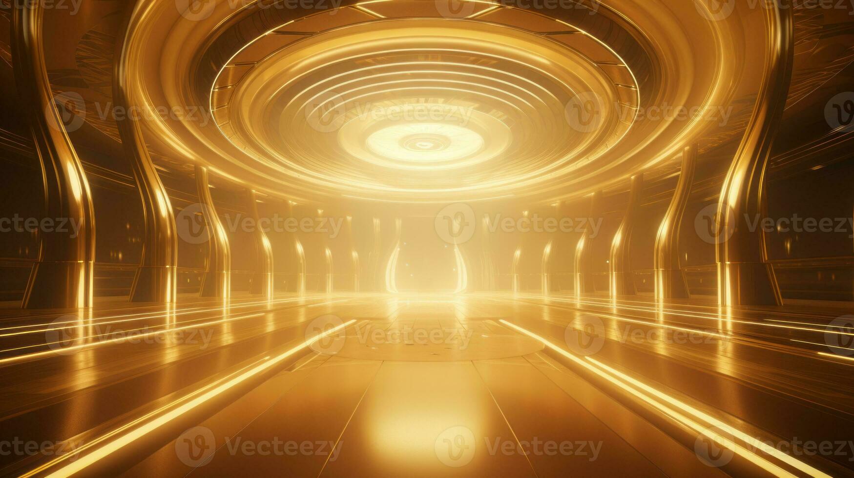 AI generated Empty gold futuristic tunnel. Technology Design. photo