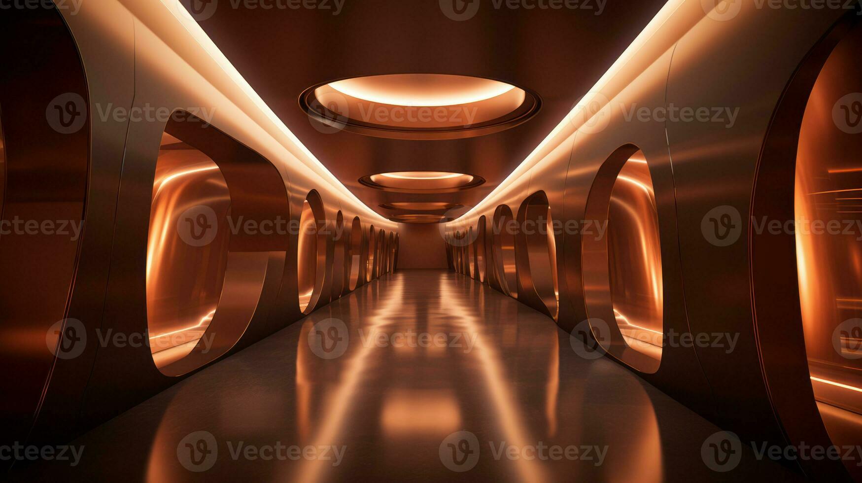 AI generated Empty gold futuristic tunnel. Technology Design. photo