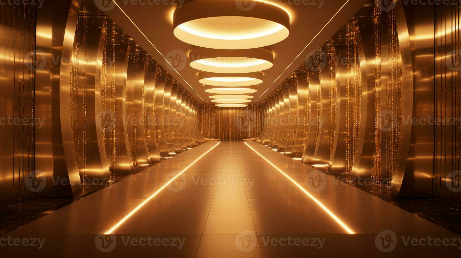 AI generated Empty gold futuristic tunnel. Technology Design. photo