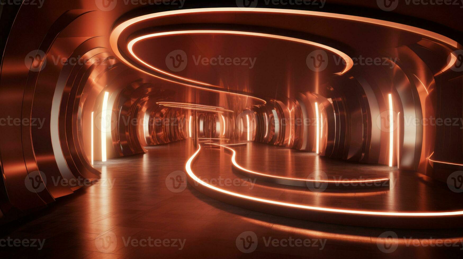AI generated Empty gold futuristic tunnel. Technology Design. photo
