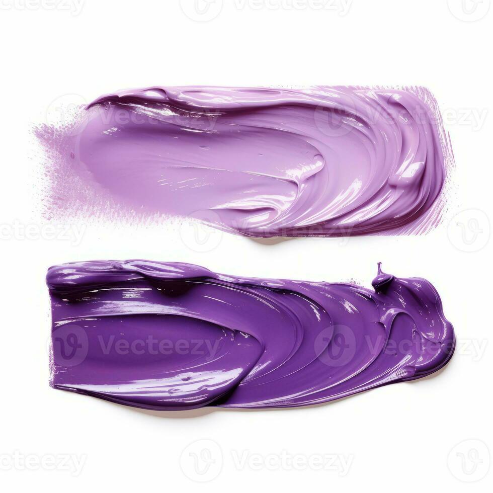 ai generado púrpura productos cosméticos lápiz labial frotis. crema maquillaje textura. parte superior ver de crema frotis en blanco antecedentes. foto