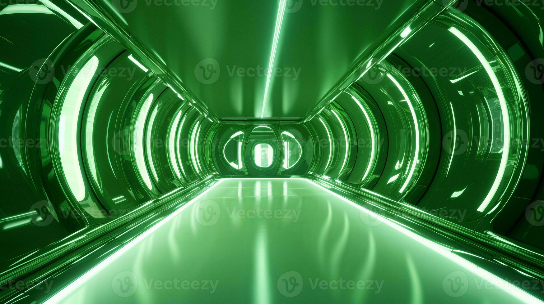 AI generated Empty green futuristic tunnel. Technology Design. photo