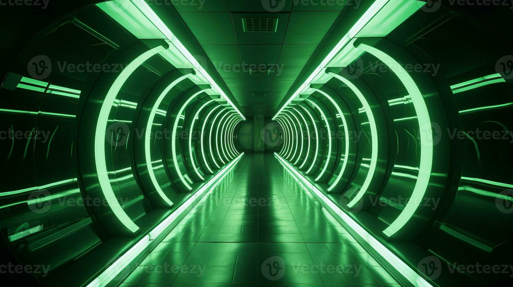 AI generated Empty green futuristic tunnel. Technology Design. photo