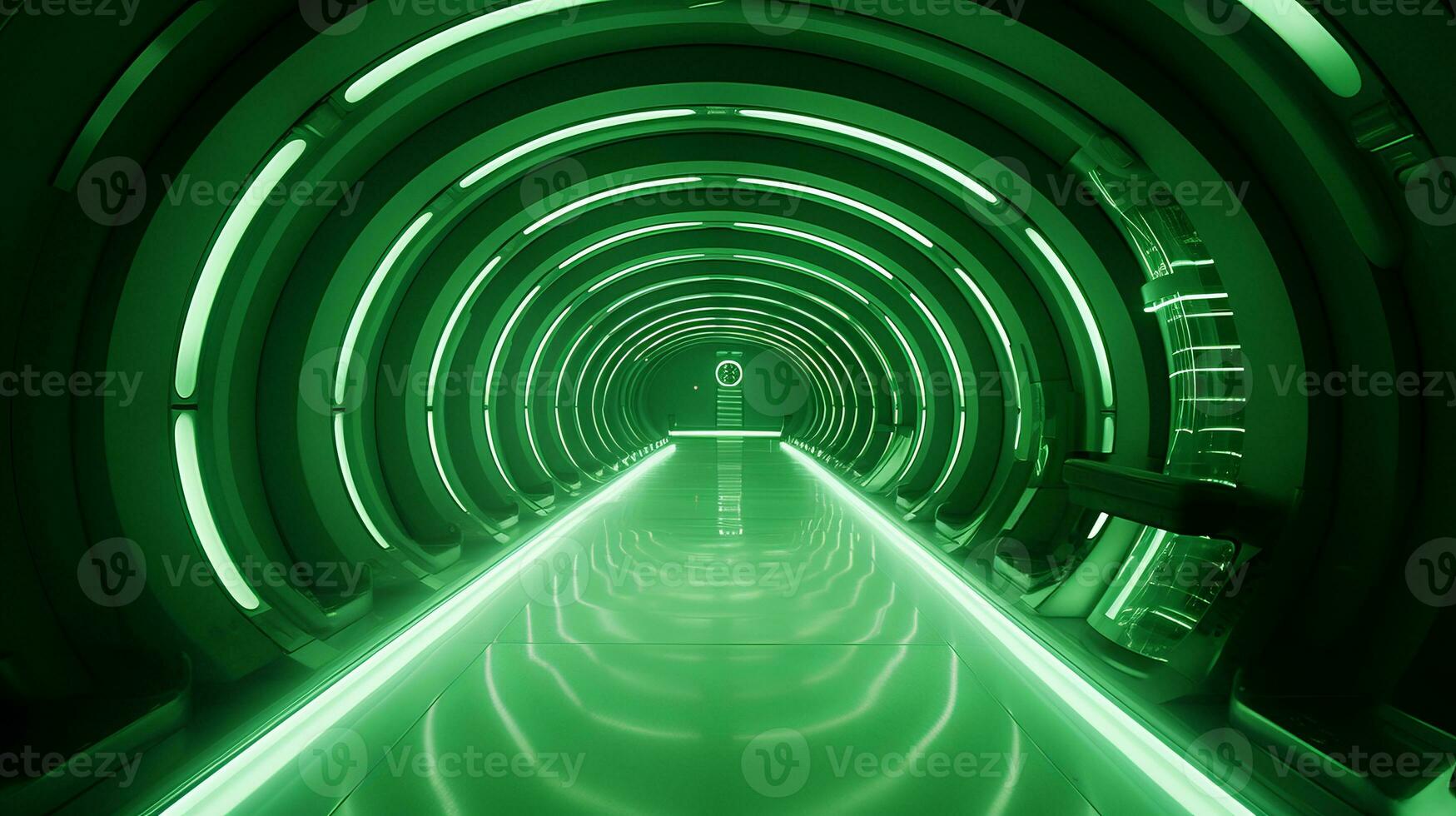 AI generated Empty green futuristic tunnel. Technology Design. photo