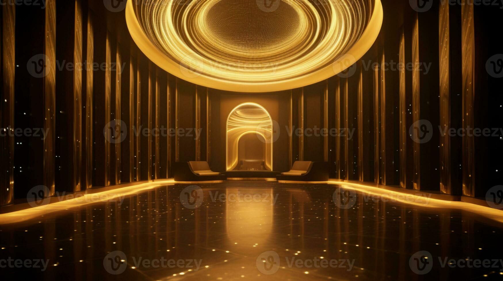 AI generated Empty gold futuristic tunnel. Technology Design. photo