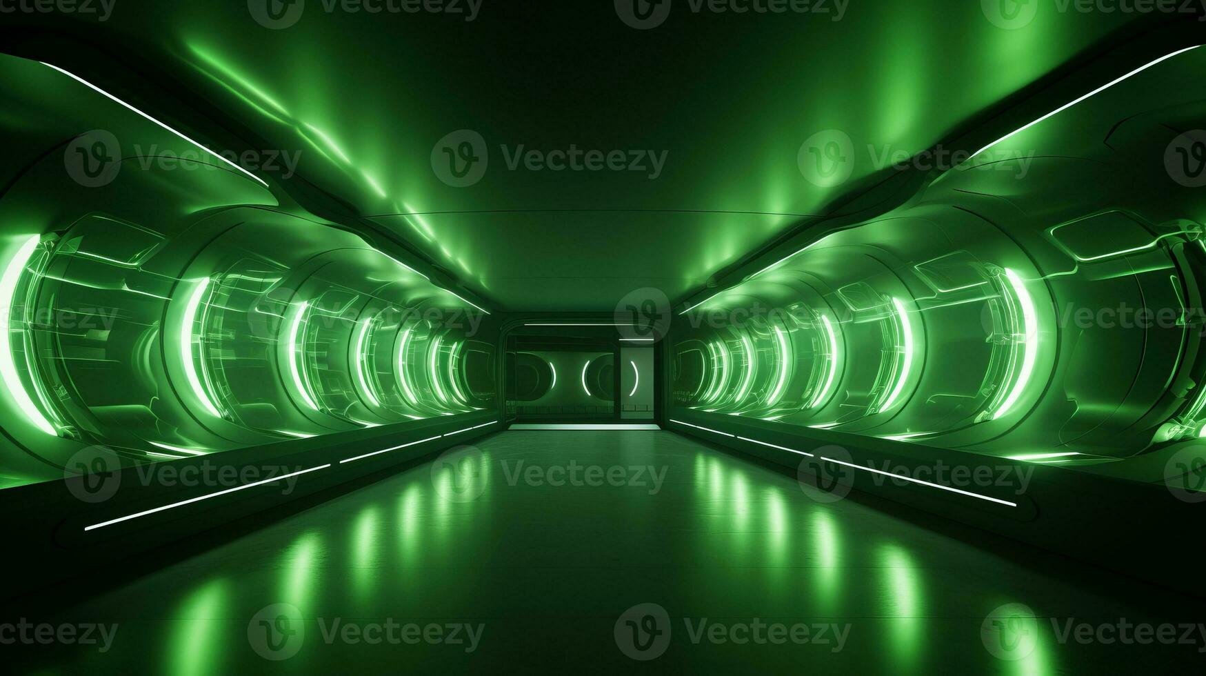 AI generated Empty green futuristic tunnel. Technology Design. photo