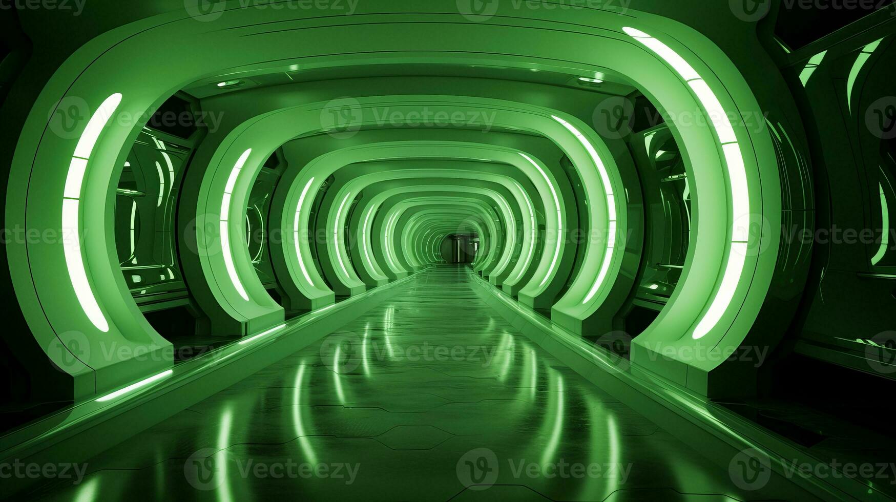 AI generated Empty green futuristic tunnel. Technology Design. photo