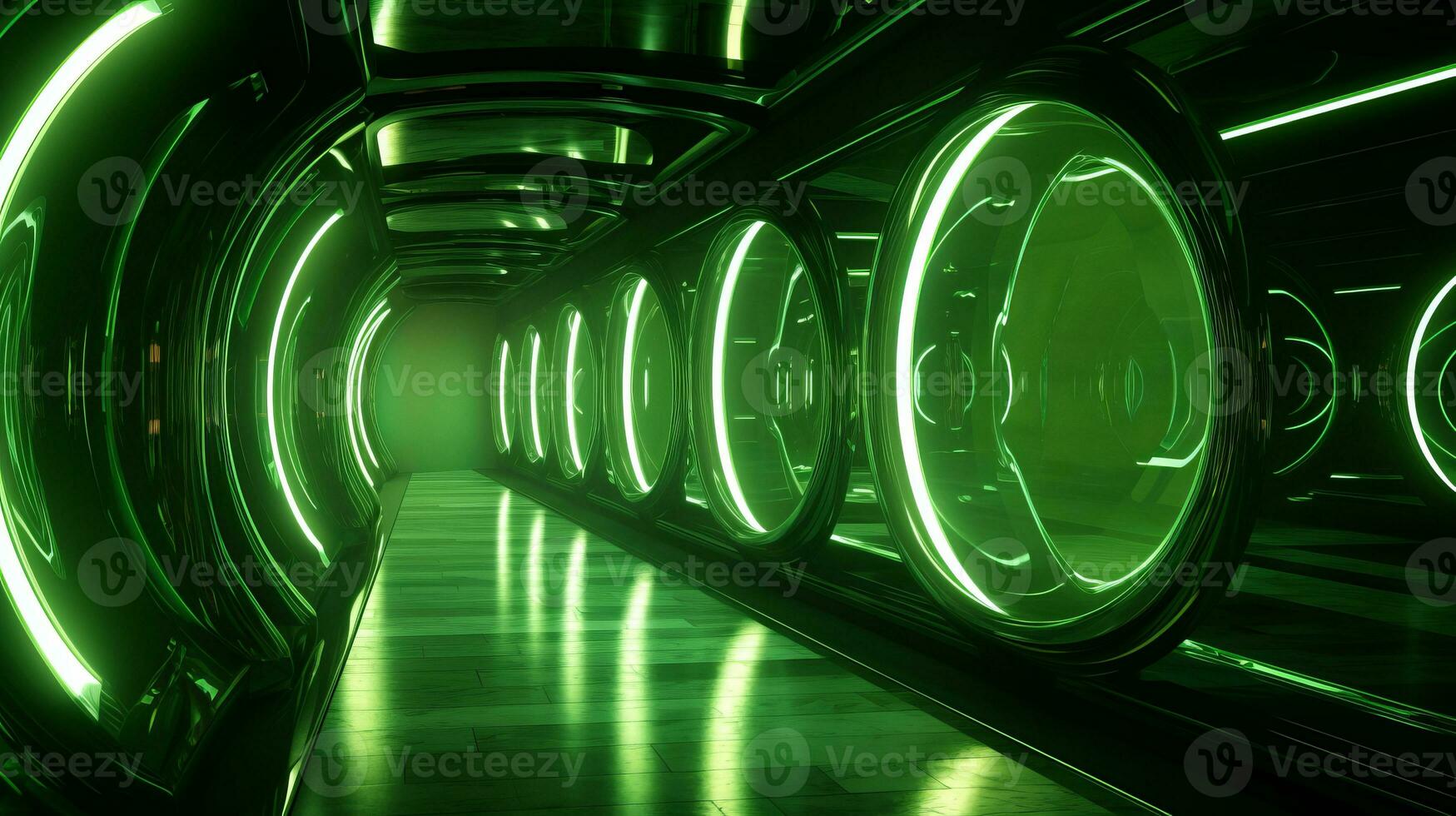 AI generated Empty green futuristic tunnel. Technology Design. photo