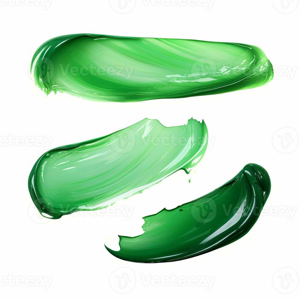 AI generated Green makeup smears. Trendy color makeup swatch. Top view of cream smears on white background. photo