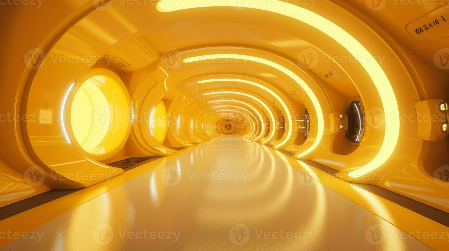 AI generated Empty yellow  tunnel. Technology futuristic background. photo