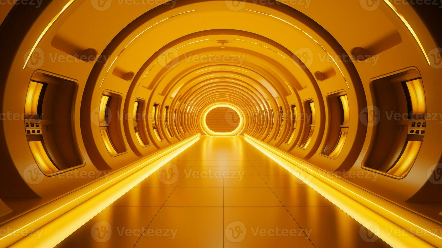 AI generated Empty yellow  tunnel. Technology futuristic background. photo