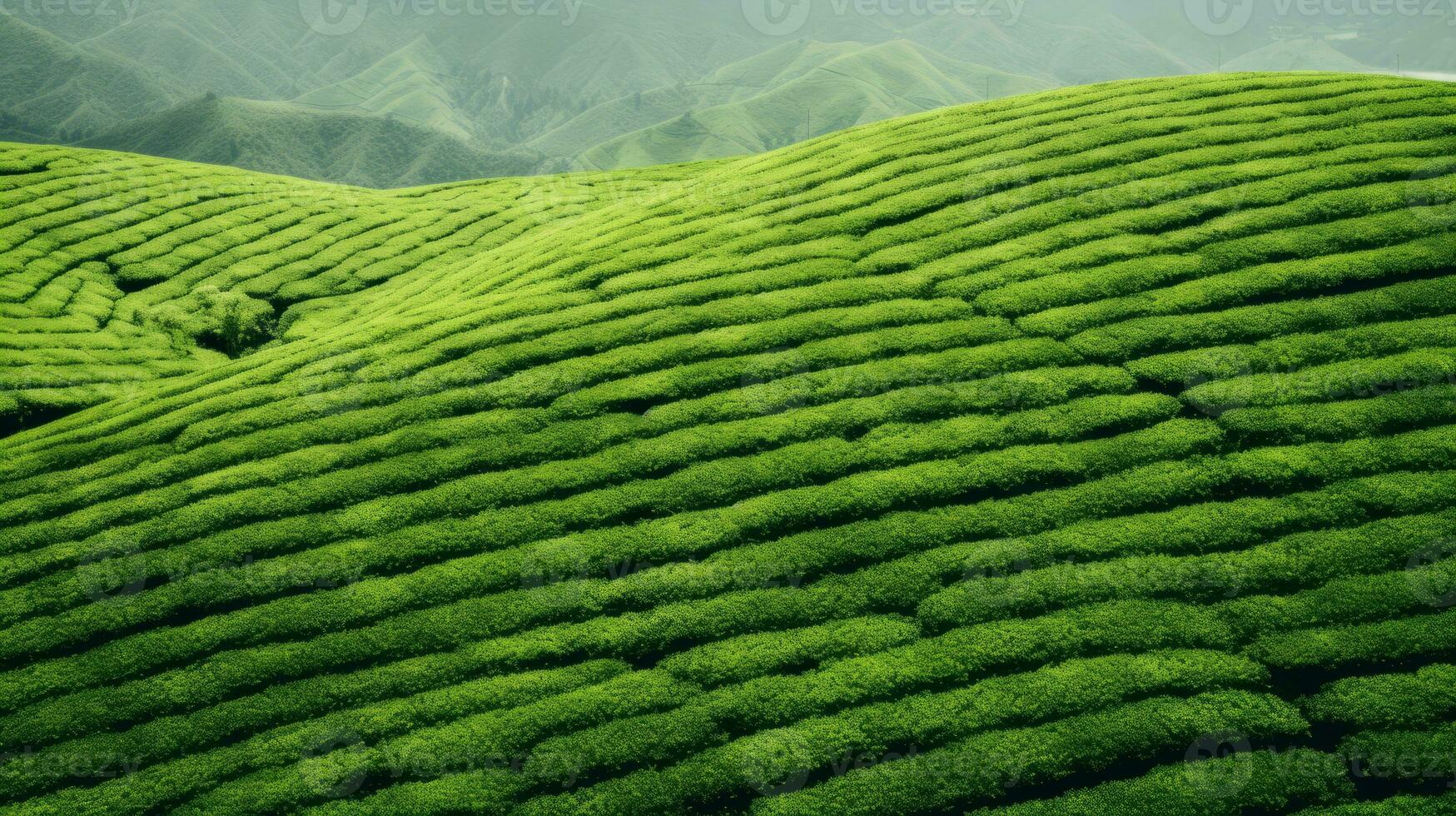 AI generated Green tea plantation, top view texture photo