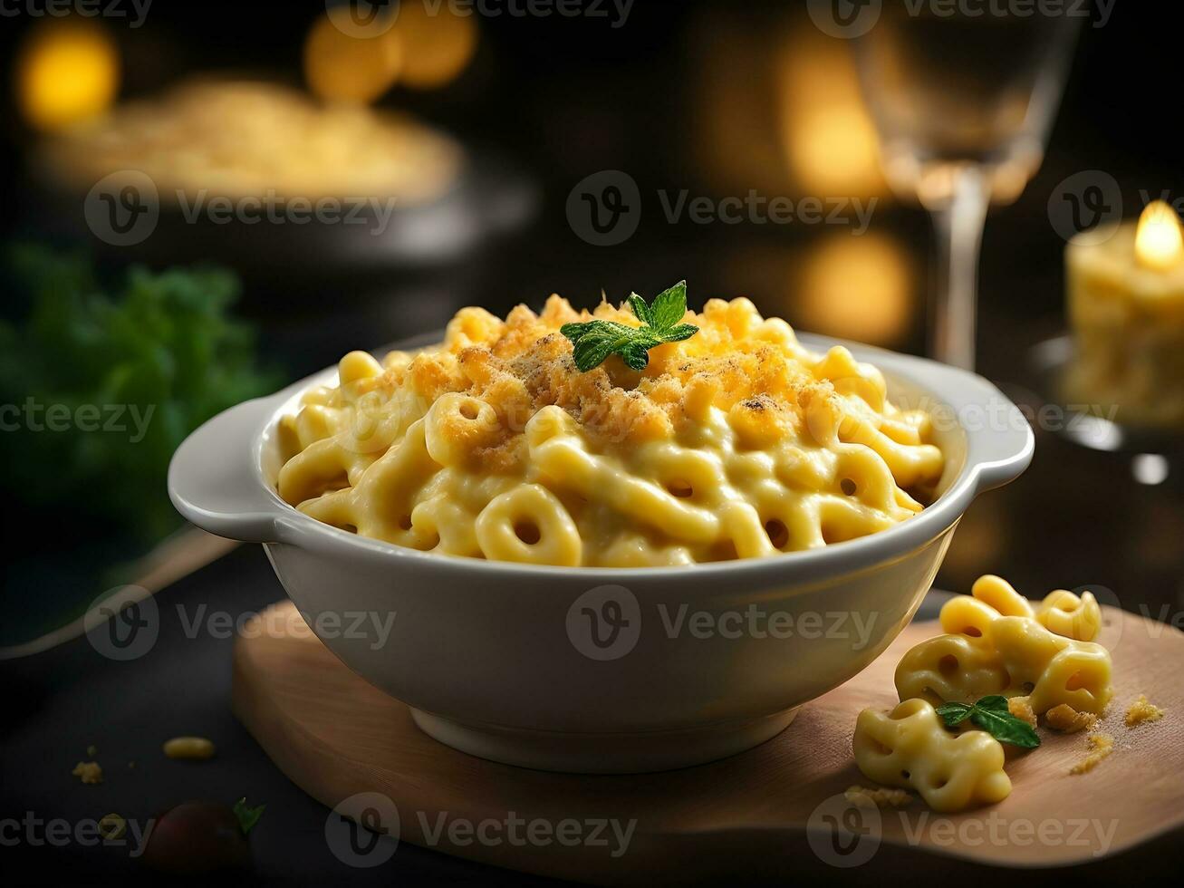 A bowl of creamy and indulgent macaroni and cheese. Generative Ai photo