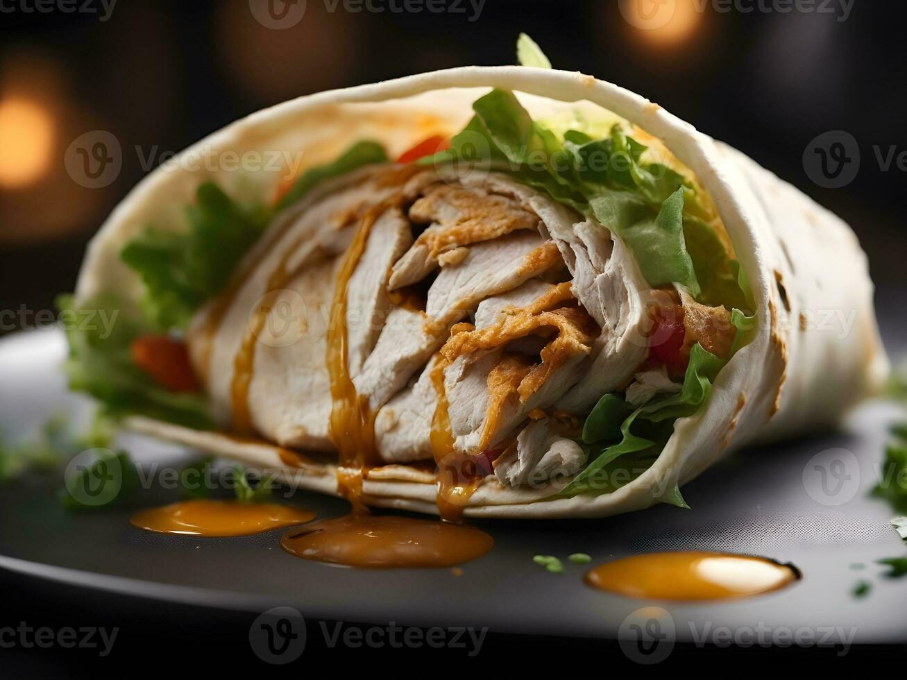 Tortilla wrap with chicken and vegetables on dark background, closeup. Generative Ai photo