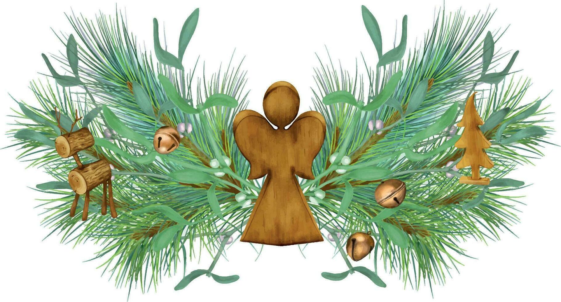 Christmas decoration of wooden toys, jingle bells digital illustration isolated on white. Christmas angel, deer, tree hand drawn. Mistletoe with pine branch. Design for package, greeting card, trade vector