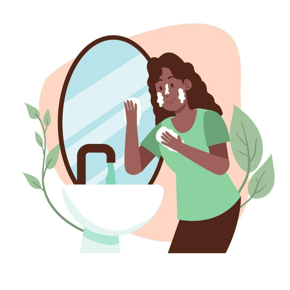 belleza negro mujer cara lavar a lavabo para piel cara belleza rutina tratamiento ilustración vector