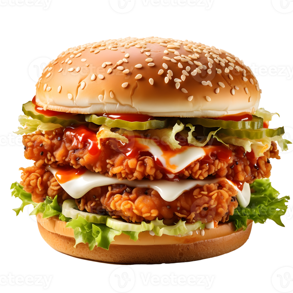 Delicious Crispy Chicken Burger, Fresh Vegetables and Sauce, ai generated png