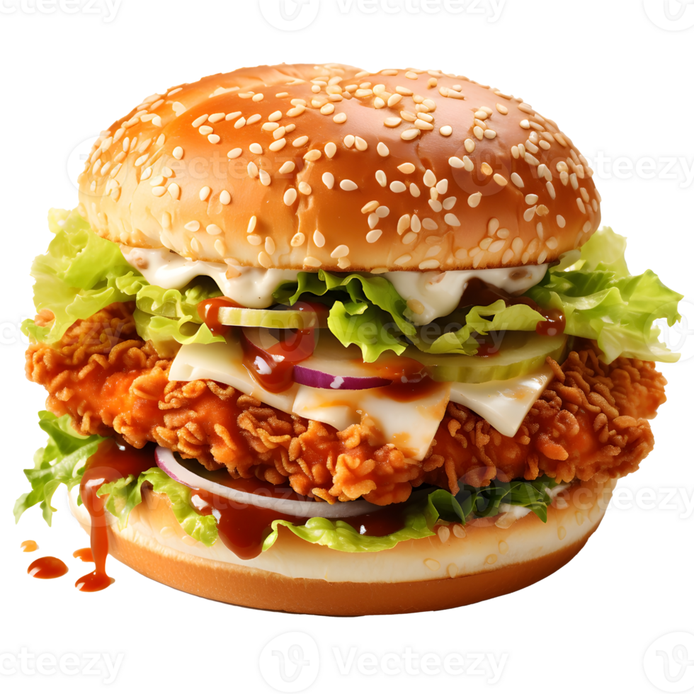 Gourmet Chicken Burger, Crispy, Fresh, and Sauced to Perfection, ai generated png