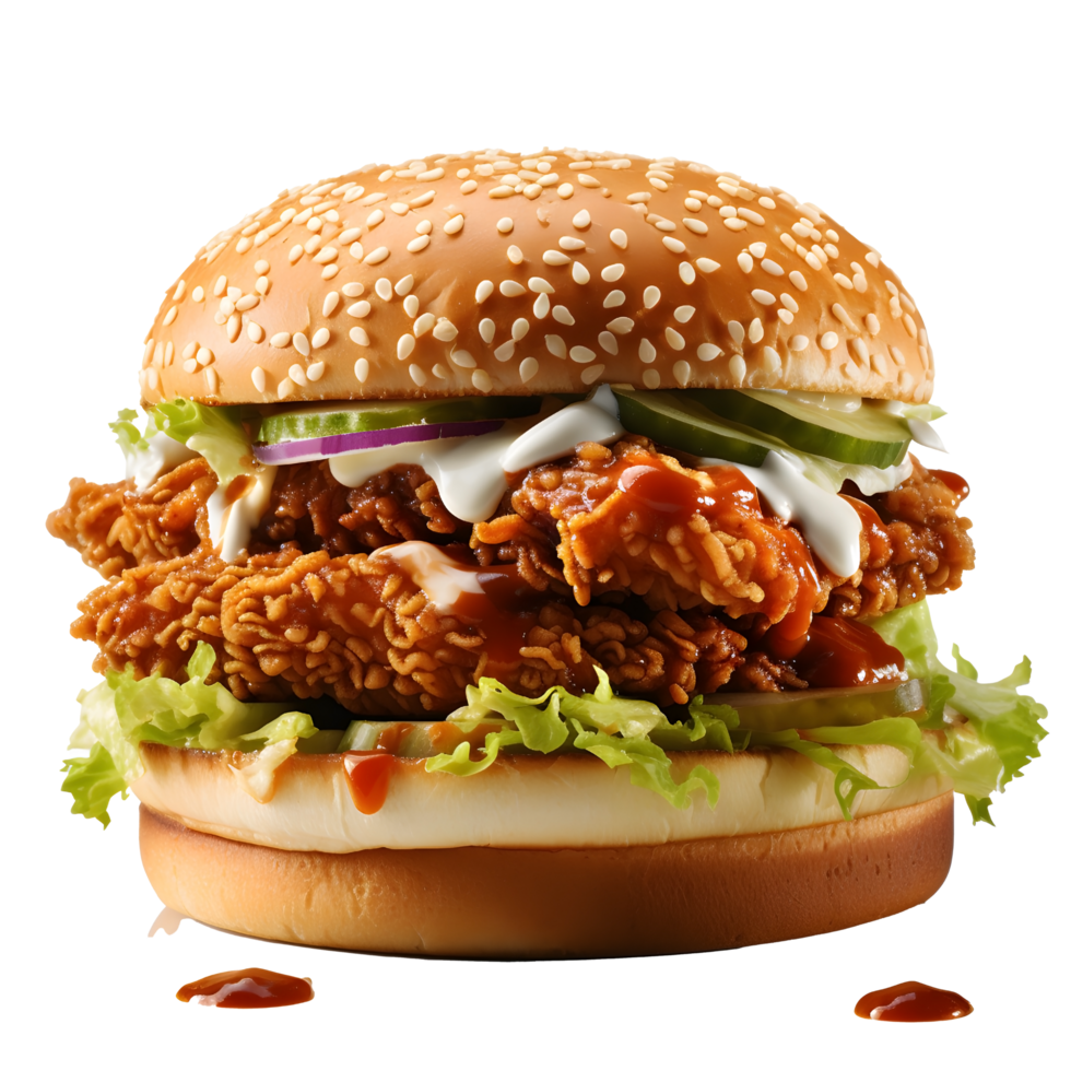 Tasty Fast Food, Crispy Chicken Burger, Veggies, and Sauce, ai generated png