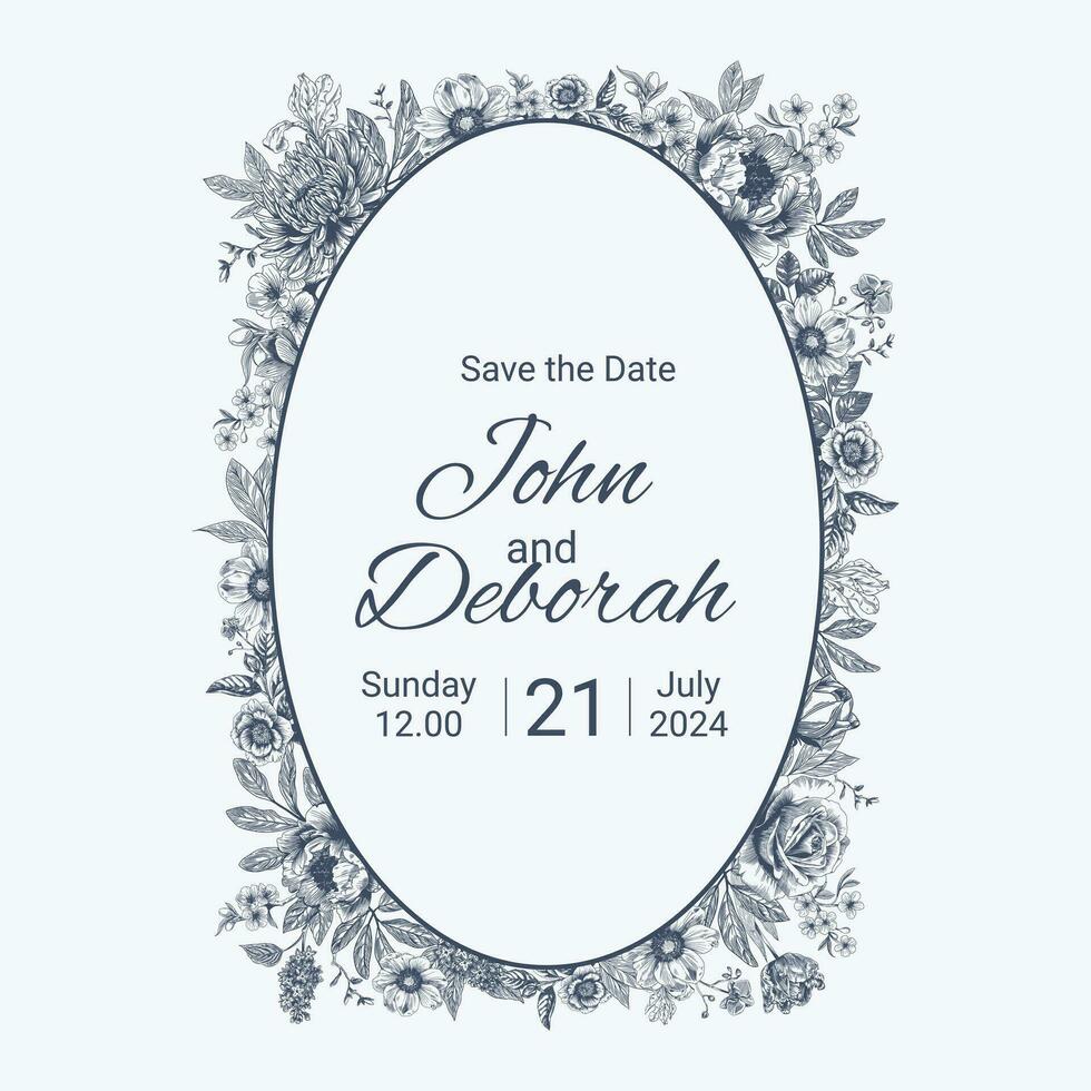 Botanical blue wedding frame or wreath on white background. Hand drawn floral, flower, leaf branch in toile de jouy style. Line art for wedding, monogram, invitation, greeting, logo, birthday cards vector