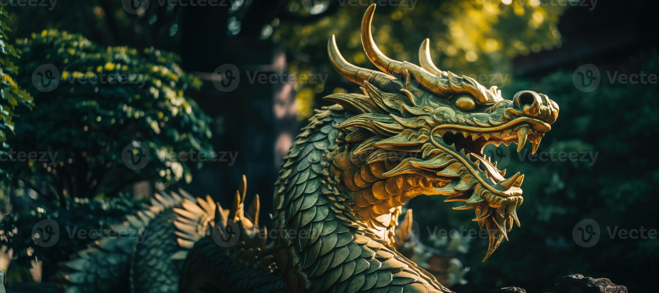AI Generated Ancient statue of a Green Dragon in an old Chinese garden photo