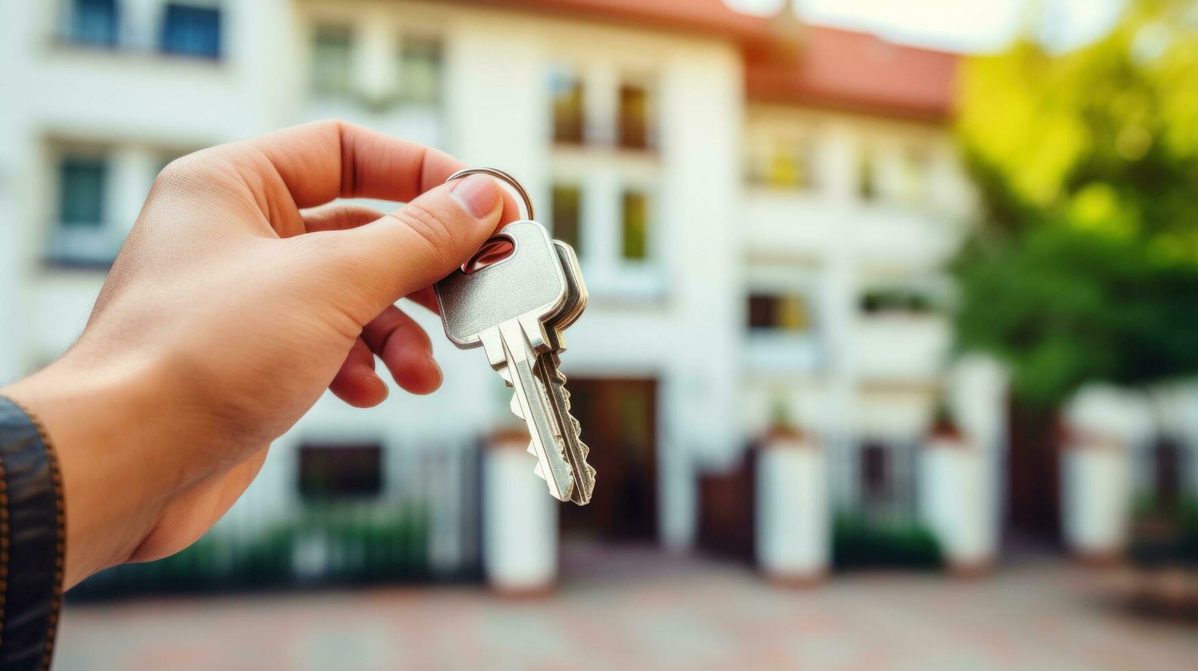 AI Generated A closeup of a male hand holding the keys to the new apartment, with the apartment building blurred in the background photo