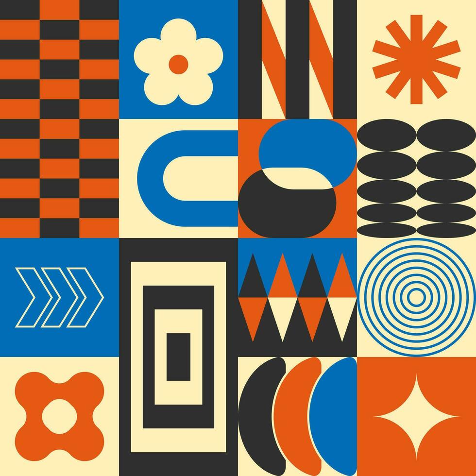 Abstract simple geometric seamless pattern with figure, form, shapes, circle and lines in Bauhaus style. Vibrant grunge geometry brutalism y2k 2000s print. Modern collage vector illustration