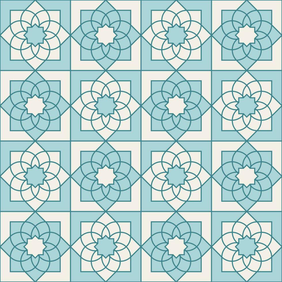 Arabic geometric mosaic printable seamless pattern with abstract Moroccan print in blue and orange colors. Ramadan Kareem Traditional Islamic art Illustration background vector