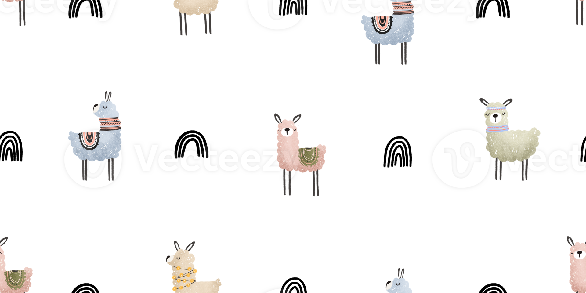 Seamless pattern with alpaca. Cartoon llama pattern. Lama endless background on transparent png