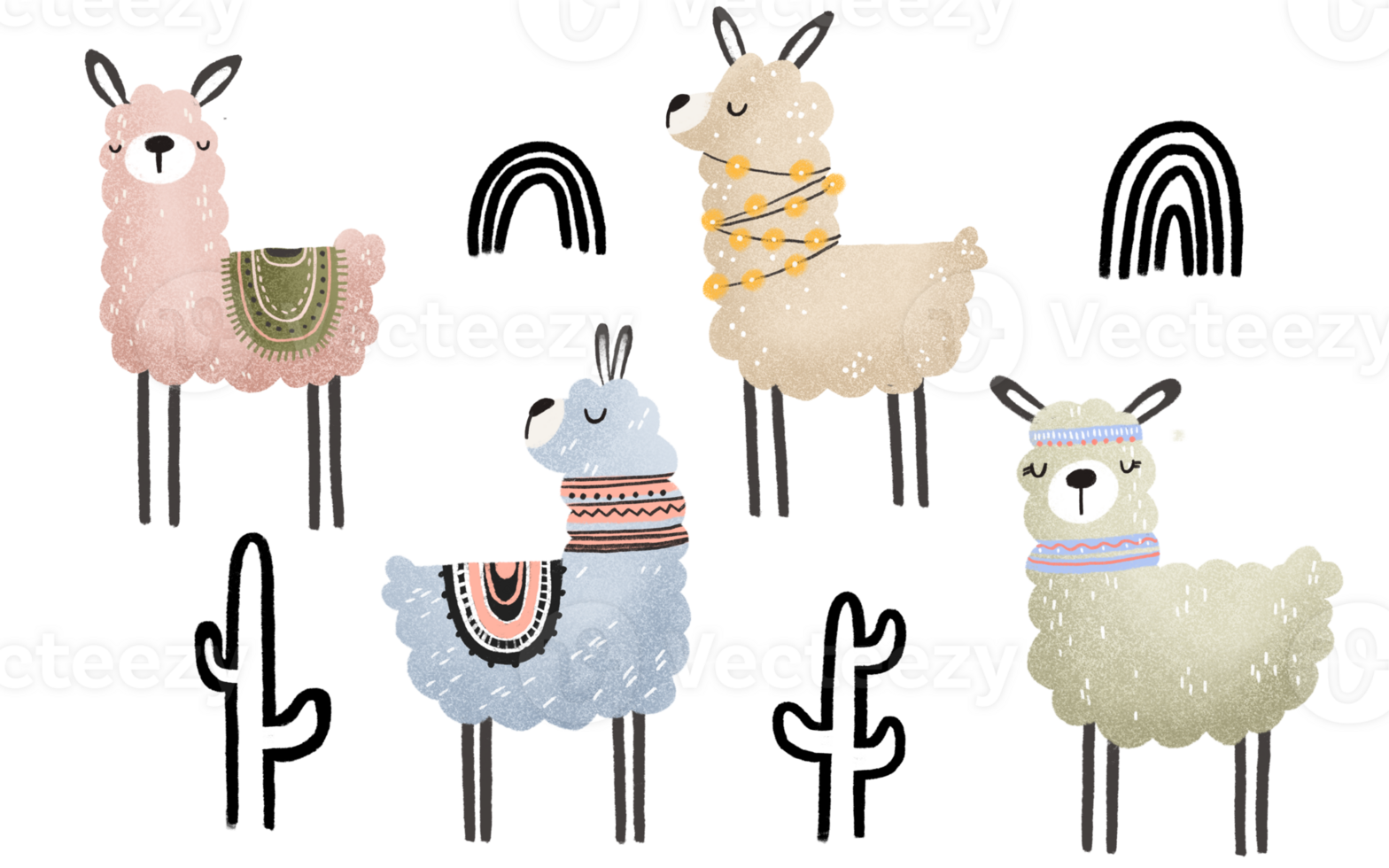 childish clipart with cartoon alpaca and llama. Collection with wild animals png