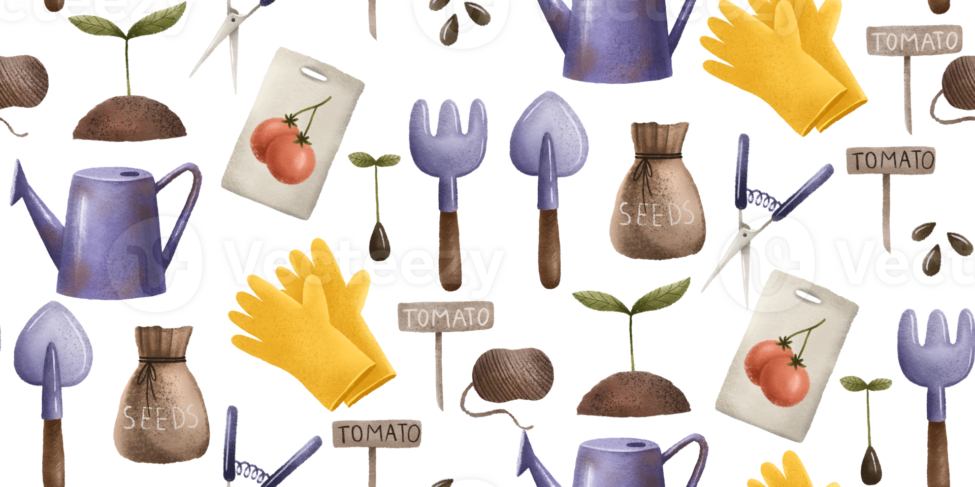 Gardening seamless pattern. Gardening tools and tomato seeds background with shovel and rake, seedling, gloves, waterpot. Farmhouse repeat. Agriculture png