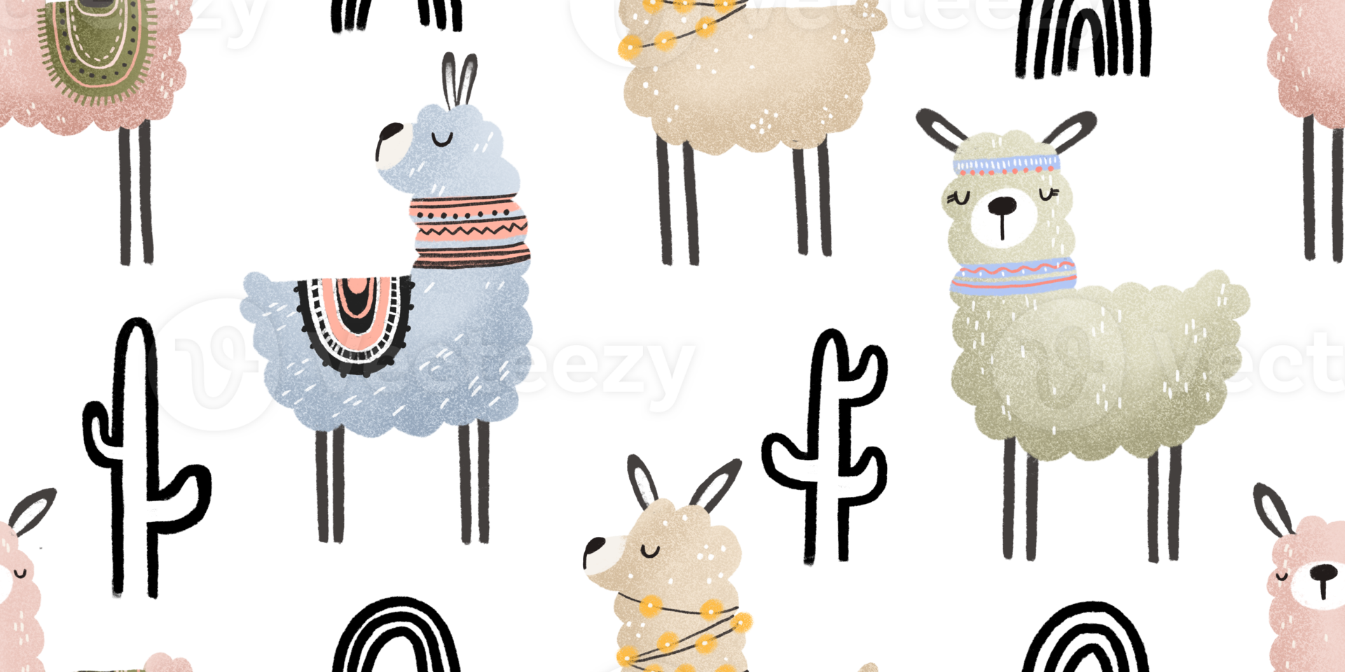 Seamless pattern with llamas, cactus and rainbow. Cute childish endless background. Cartoon alpaca png