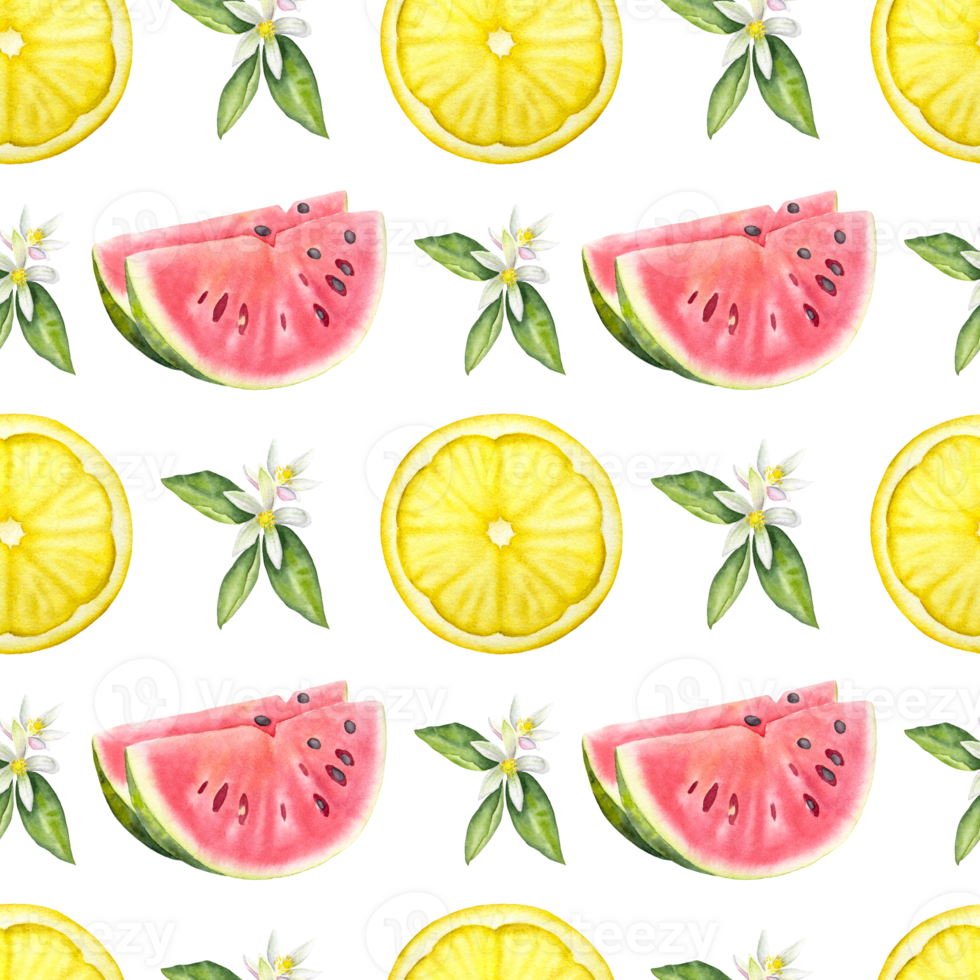 sömlös vattenfärg frukt mönster med citroner, vattenmeloner och blommor. hand målad frukt mönster med en citron- och en vattenmelon. png